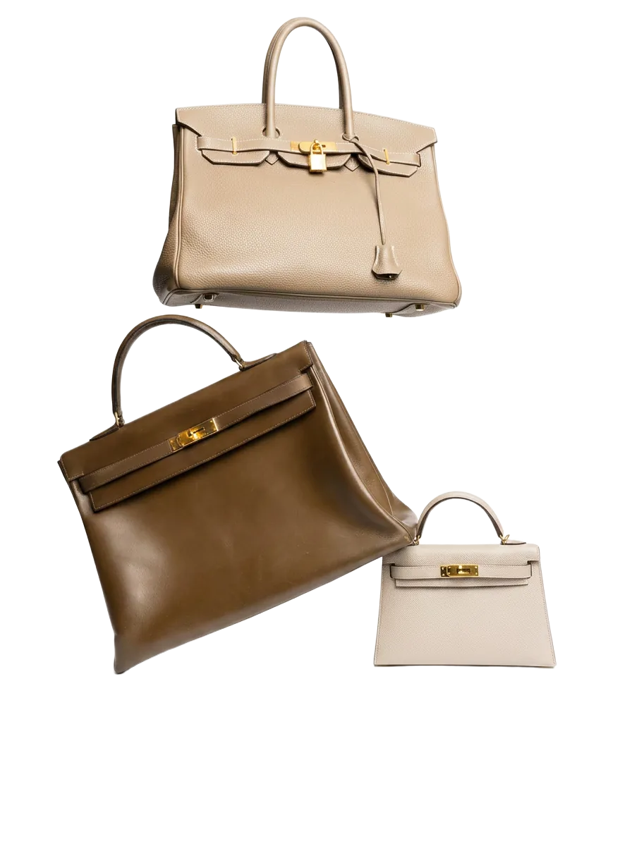 Trio de sacs Hermès — Birkin, Kelly et Mini Kelly — authentifiés par Monogram Paris